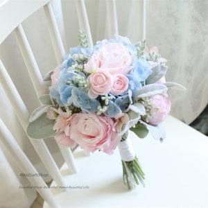 Artificial Pink and Blue Wedding Bouquet Rose Peony Dusty Green Bouquet Bridal Bridesmaid Bouquet Set Spring Summer Wedding Silk Flower