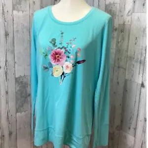 Hand Printed XL Upcycled Watercolor Flower Peony Aster Bouquet Long Sleeve Tee