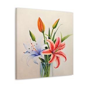 Canvas Gift Stargazer Lilies in Glass Vase Gift for Her Wall Art Home D¡§?cor Ready to Hang Lily Flower Bouquet Painting Living Room Wall