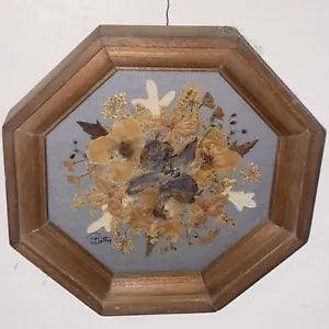 Vintage Dried Pressed Flowers in Blue Matted Octagonal Dark Wood Frame Wall Art