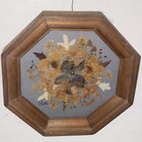 Vintage Dried Pressed Flowers in Blue Matted Octagonal Dark Wood Frame Wall Art