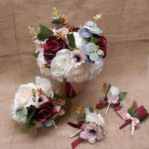 Wedding Silk Flower Bridal Bouquets Eucalyptus Package Ivory Blush Burgundy Dusty Rose Toss Bridesmaids  Boutonnieres Corsages New