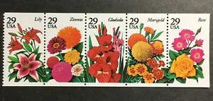 Garden Flowers MNH Strip of 5 Stamps Ex-Booklet 1994 USA #2833a Lily Zinnia Rose