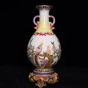 8.4" Qianlong Chinese Colour enamels Gilt Porcelain Peony Flower Bird Vase