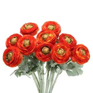 Artificial Ranunculus Flowers, 10 Stems Faux Permanent Flower Floral, Orange