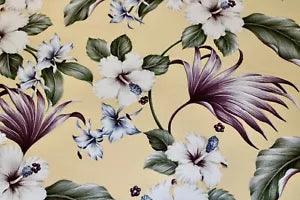 Fabric Remnant Lily Floral in White,Grey,Taupe,Green,& Plum on Yellow Background