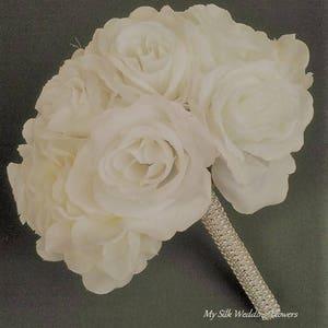 White Wedding Bouquet, White Rose Bouquet, White Hydrangeas and Roses Bouquet Silk Flowers