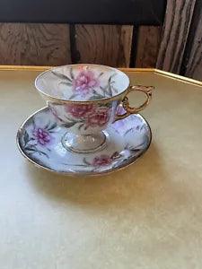 Vintage Ucagco Japan Flower Pink January Carnation Tea Pedestal Cup and Saucer