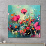 Abstract Flowers Painting | Pink Flower Meadow Canvas Print | Floral Wall Art | Turquoise and Pink Living Room Wall Decor | Modern Artwork