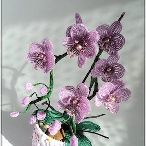 French Beaded Artificial Topiary Orchid Plant Flower in Pot