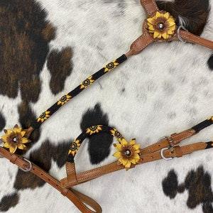 Western Bridle Sunflower Beaded Headstall + Breast Collar Set with Sunflower Accents