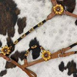 Western Bridle Sunflower Beaded Headstall + Breast Collar Set with Sunflower Accents