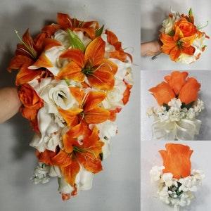 Orange Ivory Rose Tiger Lily Bridal Wedding Bouquet Accessories