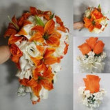 Orange Ivory Rose Tiger Lily Bridal Wedding Bouquet Accessories