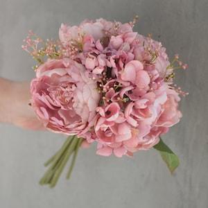 10 stems Dried Look Faux Flowers Bouquet, Rose Pink Dried Look Roses, Peonies, Hydrangeas Bundle, Dusty Pink Wedding Home Decor, DIY Florals