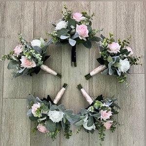 Boho bridesmaid bouquets, premium white blush & light pink roses greenery bridal bouquet, real touch wedding bouquet, realistic faux flowers