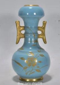 7.1" Rare Ru Kiln Porcelain Gilt Engrave Words Peony 2 Ear Flower Bottle Vase