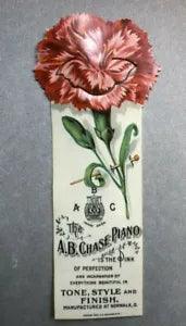 c 1900 CHASE PIANO Celluloid FLOWER Carnation ADVERTISING BOOKMARK Antique Music