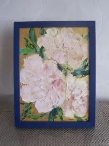 white peonies oil painting, peonies wall art, textured peonies oil painting art