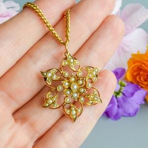 Antique Victorian seed pearl star snowflake flower pendant 9 carat gold