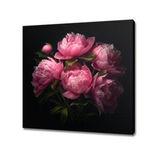 Vintage Dark Pink Peony Flowers Bouquet Oil Painting Style Canvas Print Wall Hanging, Living Room Decor, Modern Design Floral Art Print