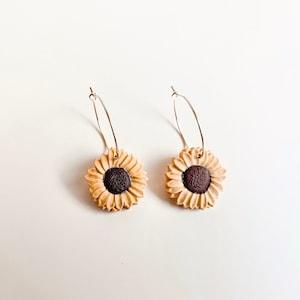 Sunflower Gold Hoop Polymer Clay Earrings, Clay Flower Earrings