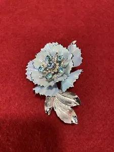 Vtg CORO Silver Enameled Blue Rhinestones Carnation Flower Brooch Pin B3