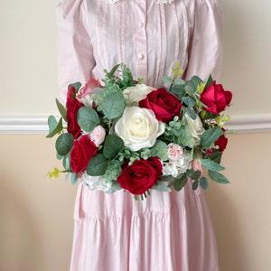 Wedding Bouquet, Red pink Rose bouquet , Red Rose bouquet, White Cream, Rose Eucalyptus Bouquet, Boho Bouquets, Bridal Bridesmaids Bouquet
