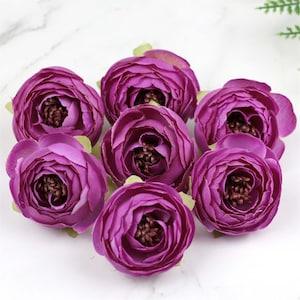 2''Fake Camellia Purple Artificial Silk Flower Head 10-100P Faux Rose For DIY Bouquet Wedding Baby Shower Cake Topper Crown Decor Ranunculus