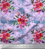 Soimoi Purple Velvet Fabric Leaves & Ranunculus Floral Print Fabric-mGb