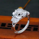 Pure 990 Fine Silver Band Women Gift Lucky Hollow Peony Flower Ring 3.3g