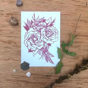 Mauve Pink Rose Bouquet, Floral, Botanical, Original Illustration, Hand Screen Print, 5x7", Fine Art Print