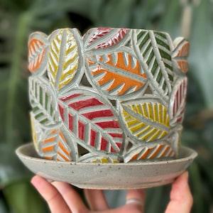 Green Red Yellow Orange Ceramic Orchid Planter with Leaf Motif, Holes and Optional Saucer