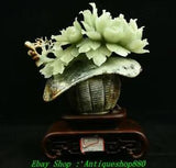 13" Unique Chinese Natural Xiu Jade Carve Peony Flower Basket Hoppet Statue