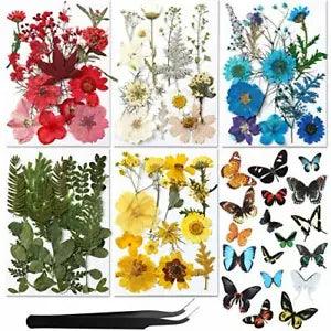 Real Dried Pressed Flower Set with Butterfly Transparent Stickers Scrapbook D...