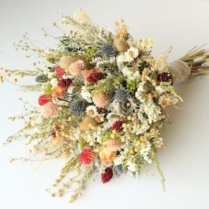 Blue Thistle Burgundy Dried Flowers /Preserved Daisy Flowers Greenery Bouquet /Mix of Blush Peach flowers / Fall Winter Bridal bouquet