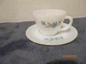 VTG FIRE KING BONNIE BLUE CARNATION FLOWER COFFEE/TEA CUP & SAUCER SET