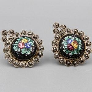 Old Middle East Rose Bouquet Earrings, Vintage 1940s Hand Painted Enamel, 800 Silver Filigree Jewelry Etruscan Flowers Ornate Screw Earrings