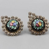 Old Middle East Rose Bouquet Earrings, Vintage 1940s Hand Painted Enamel, 800 Silver Filigree Jewelry Etruscan Flowers Ornate Screw Earrings