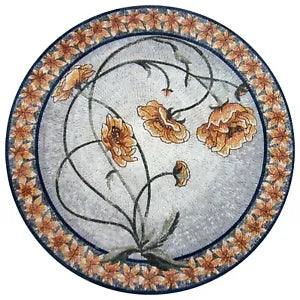 Handmade Gold Peony Flower with Floral Border Mosaic Medallion