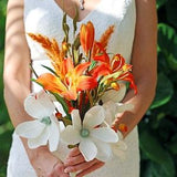 Sunset Lilly Wedding Bouquet, Wedding Flowers, Bridal Bouquet, Orange Lillies, White Magnolia, Silk flowers, Tea Leaves, Baby Roses