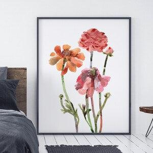 Ranunculus Flowers Bouquet Watercolor Art Print, Orange Floral Wall Art, Botanical Artwork Spring Wall Decor for Living Room or Above Bed