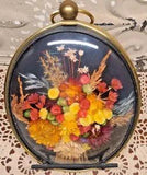 Vintage Dried Flowers Art Convex Glass  Belgium Velvet Picture Hanging