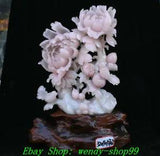19" Fine China Natural Xiu Pink Jade Carve Peony Flower Tree Bird Animal Statue