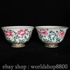 3.6" Yongzheng Chinese Famille rose Porcelain Peony Flower Bowl Pair