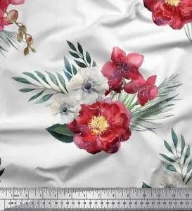 Soimoi White Cotton Poplin Fabric Peony & Anemone Floral Print Fabric-kLw
