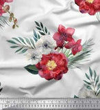 Soimoi White Cotton Poplin Fabric Peony & Anemone Floral Print Fabric-kLw