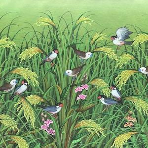 Green Paddy Painting, Original Floral Painting, Birds Painting, Tropical painting on canvas, Bali Painting, Bird Wall Art
