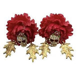 Large Red Carnation Rhinestone Skull Gold Leaves Pierced Flowers ??