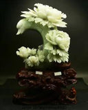 19.2" Natural Green Xiu Jade Jadeite Carved subshrubby peony flower Birds Statue
